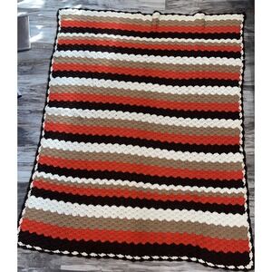 Vintage MCM Retro Fall Afghan Blanket Zig Zag Chevron Brown Orange White Throw